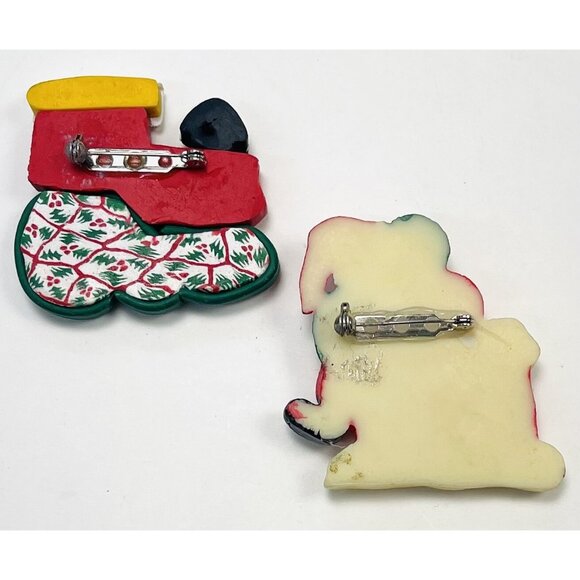 VTG Lot 2 Christmas Holiday BROOCHES Pins Train Santa Chimney Red 2" EUC - Picture 2 of 2